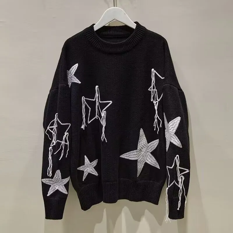 2022 Men Star Early Spring Style Embroidery Sweater Loose Contrast Color Wool Long Sleeved Jumper Knitting Top