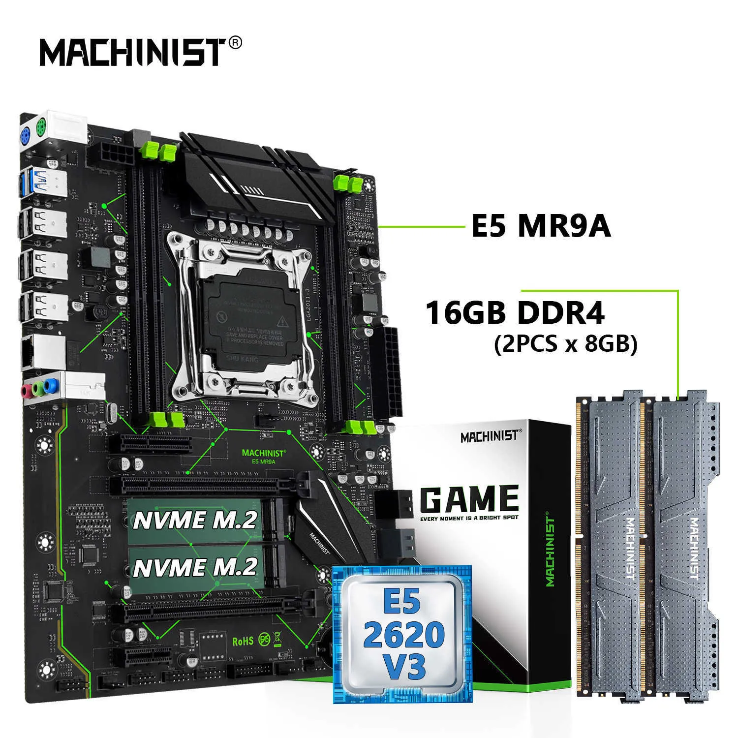 Machinistka E5 MR9A V1 ATX Zestaw tablicy głównej z Xeon E5 2620 V3 CPU LGA 2011-3 Procesor i kombinacja pamięci DDR4 16 GB RAM