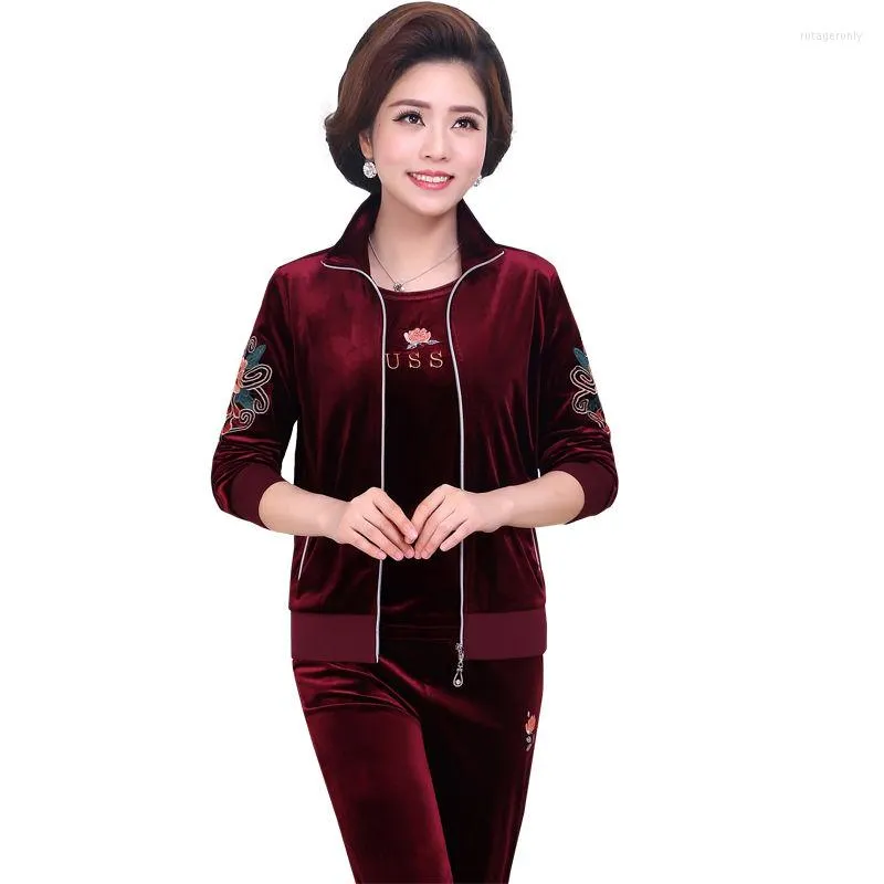 Women's Tracksuits Spring Autumn Suits Sportsuit Middle-aged And Elderly Clothing Large Size Embroidery Three-piece Suit Pants Sportswear