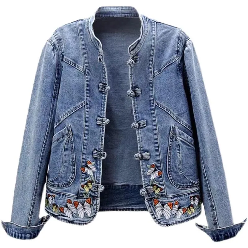 Damenjacken Schmetterling Stickerei Denim Jacke Frauen Herbst Große Größe Dünne Kurze Jeans Stehkragen Chinesischen Stil Mantel Chaquetas Mujer