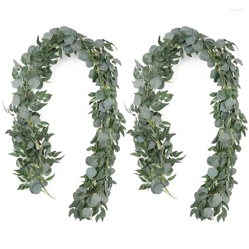 Decorative Flowers Artificial Eucalyptus Garland With Willow Vines 2 Packs 6.5 Feet Greenery Silver Dollar