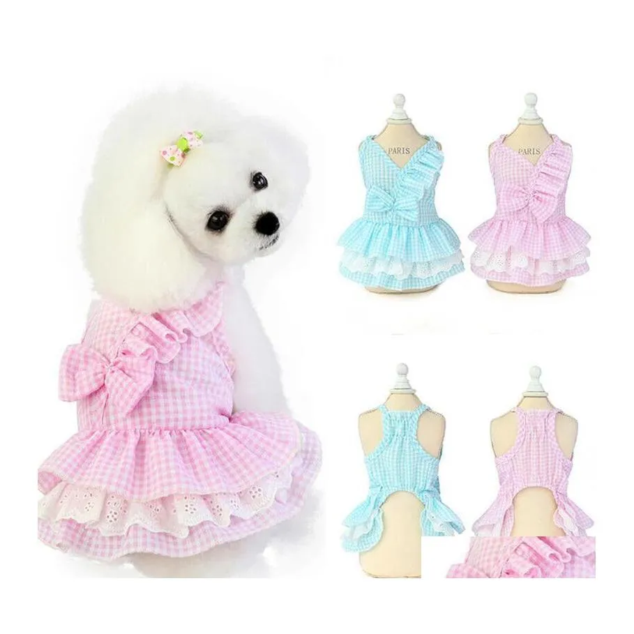 Hundkläder Pet Cat Bowknot Dress Plaid Printing Valpkläder för våren Summer Drop Delivery Home Garden Supplies Dhu4C