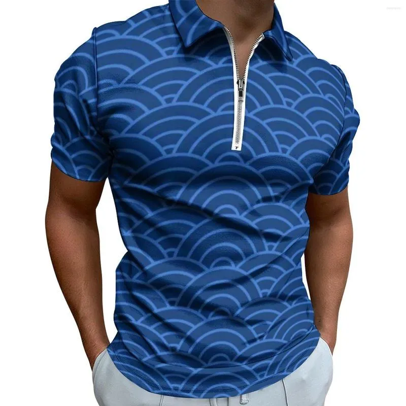 Polo da uomo T-shirt casual originali Seigaiha Polo dal design giapponese con cerniera Cool Uomo Abbigliamento personalizzato Taglie forti