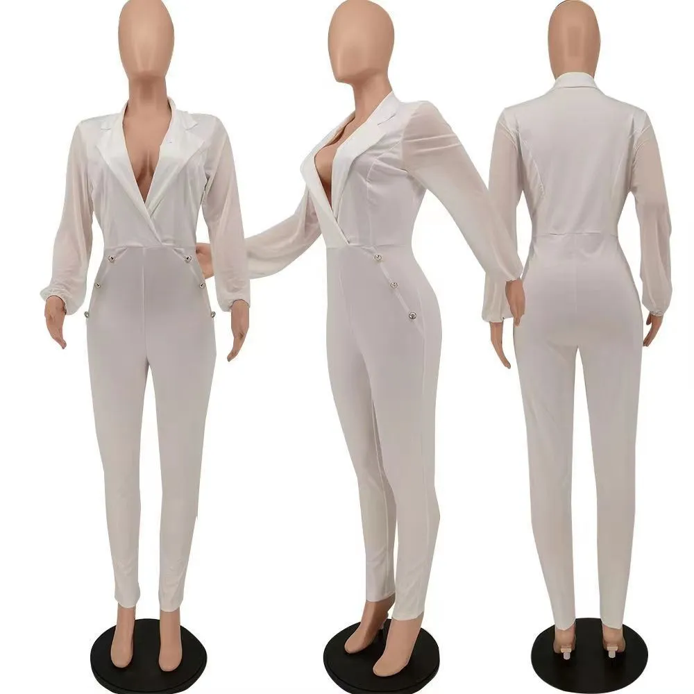 Hösten vinter lång ärm jumpsuits kvinnor bodycon rompers solid turn-down krage jumpsuits en bit dräkter smala overaller leggings casual streetwear 8343