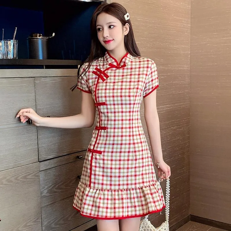 Etnische kleding 2023 Chinese stijl Zomer Women Cheongsam Plaid Oriental Dress kleding A-lijn bodycon jurken Vintage Qipao Vestido de Mujer