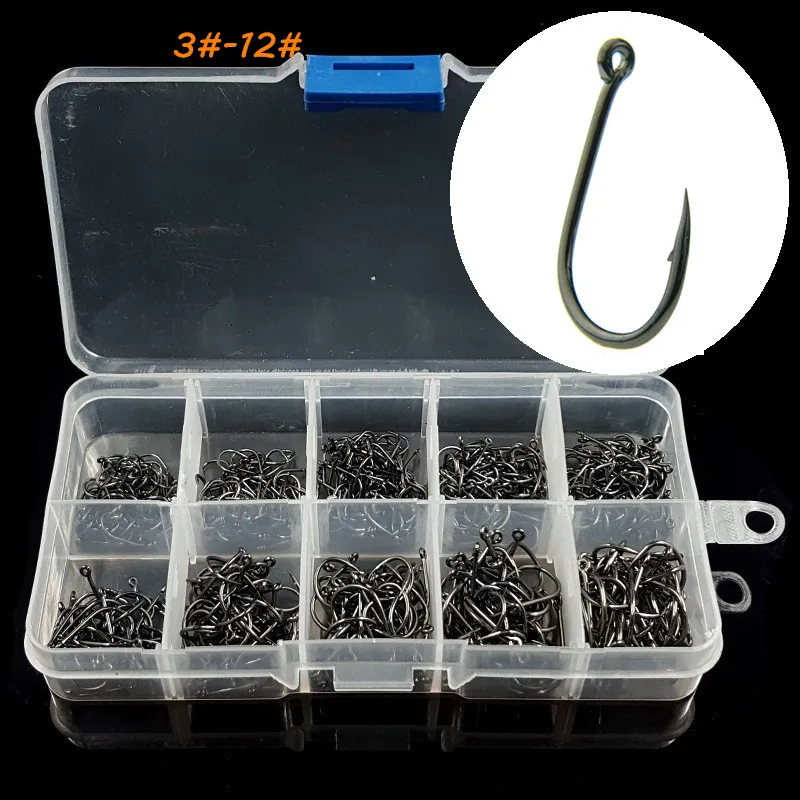 10 Sizes Mixed 3#-12# Black Ise Hook High Carbon Steel Barbed Hooks Fishhooks Asian Carp Fishing Gear 500 Pieces / Box W-1