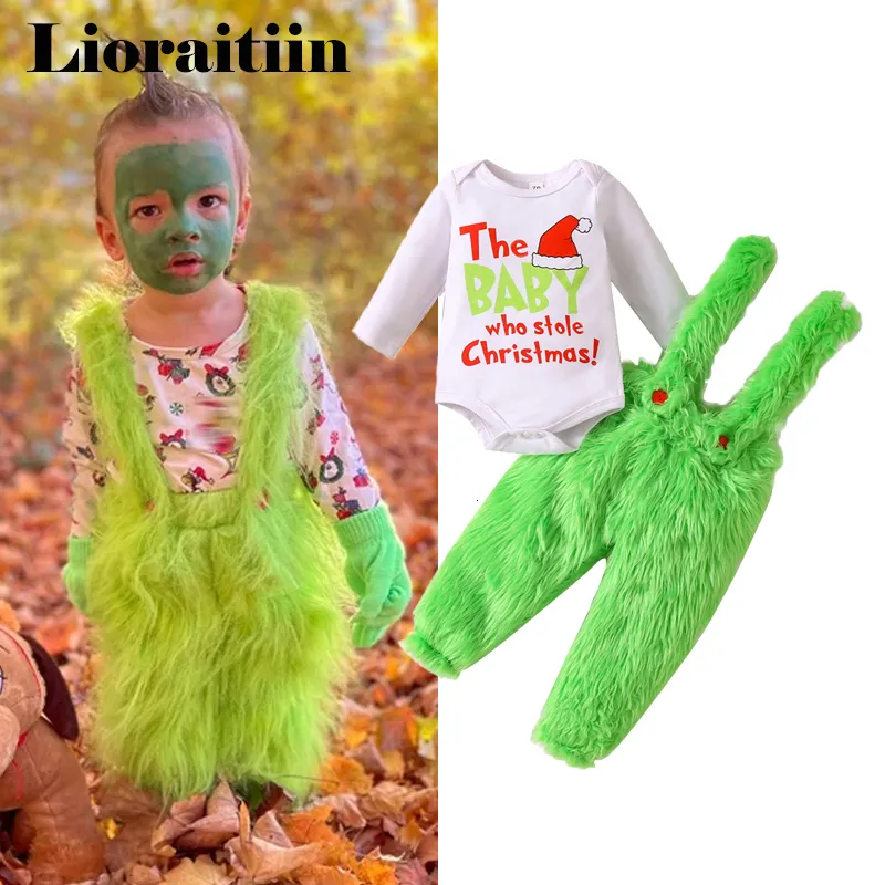 Giyim Setleri 10 26 Lioraitiin 0 24m bebek erkek bebek kız 2pcs Noel tulum seti mektup baskı mürettebat boynu romper peluş askı pantolon 230105