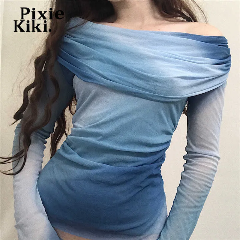 Women's T-Shirt PixieKiki Sexy Fashion Blue Tie Dye Printed Mesh T Shirts Off Shoulder Long Sleeve Tops Winter Y2k Aesthetic Clothes P33-BE10 T230104