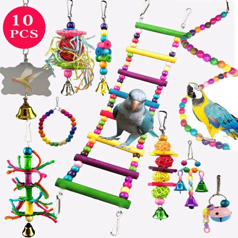 Andere Vogelbedarf 10PCS Set Haustier Papagei hängendes Spielzeug Kaubiss Rattanbälle Schaukelglocke Sittichständer Trainingsspielzeug Zubehör