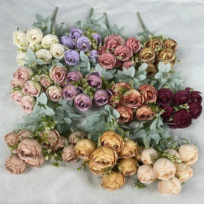 Dekorativa blommor Silk Blommor Arrangemang Artificiell beläggning Dew Rose Wedding Pography Bouquet Home Living Room Garden Fake Roses Decor