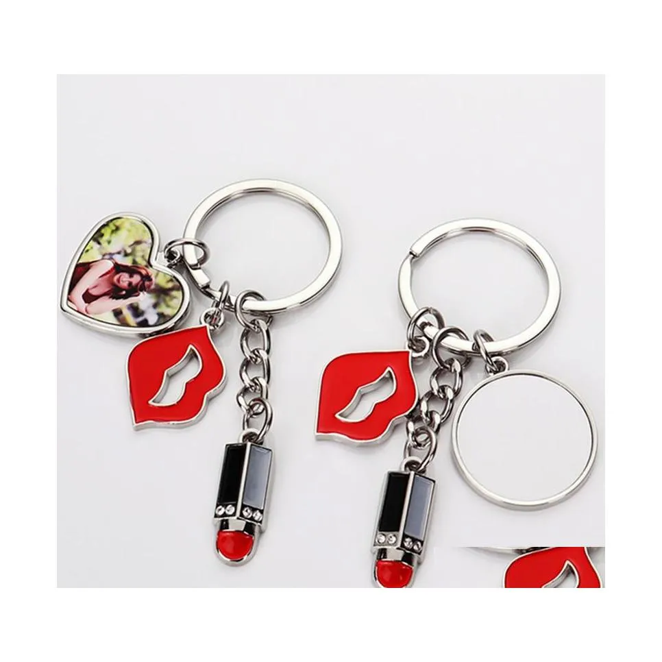 Porte-clés Longes Sublimation Blanc Diy Coeur Rond Rouge À Lèvres Rouge À Lèvres Alliage Sier Plaqué Pendentifs Designer Bijoux Amant Porte-clés Dhtyd