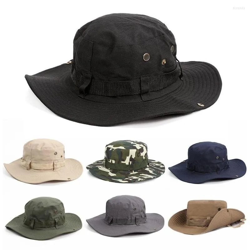 Casquettes de cyclisme 1Pc en plein air hommes solide chapeau de soleil seau Jungle casquette de pêche Camping large bord femmes été militaire Boonie