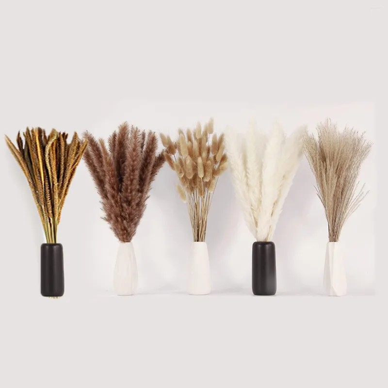 Decorative Flowers 120 Pcs Dried Bunch 18-inch Stems White/Brown Reed Pampas Grass Tail Boho Home Decor Bouquet Plants