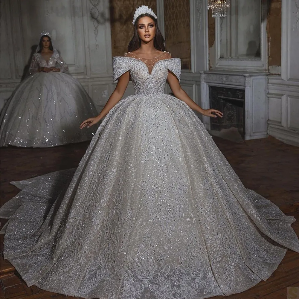 Luxury Ball Gown Off The Shoulder Short Sleeves Sequin Wedding Dress C150