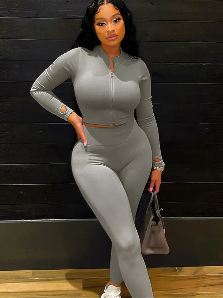 Kliou Womens Slim Fit Two Piece Sheath Grey Pants Outfit Set Casual Sporty  Long Sleeve Top And Body Shaping Activewear Outfit 230104 From Jiao02,  $17.04