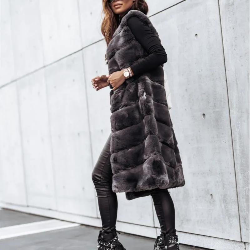 女性用ジャケット女性2023ファッションスタイル秋の冬の長い丸い襟毛皮のベストオーバーコートコートBLK9978