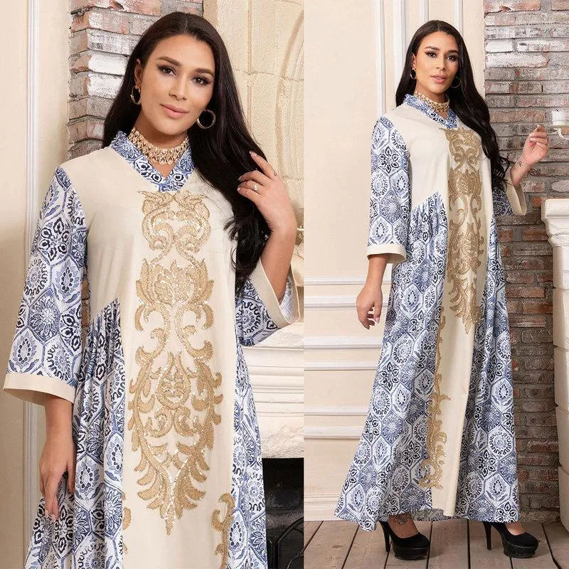 Sıradan elbiseler vintage etnik payetler, kadınlar için abaya elbisesi 2023 Orta Doğu Arap Umman Fas Kaftan Dubai Müslüman Giysileri