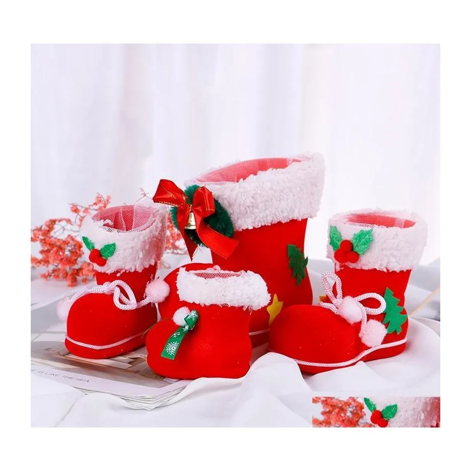 Decorazioni natalizie 4 dimensioni Decorazioni per la casa Scarpe da stivale di Babbo Natale Calza per bambini Bambini Porta caramelle per regali Borse Decorazione per albero di Natale 1 goccia Dh5V6