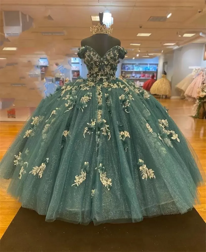 green emerald velvet dress Long Off Shoulder Ball Gown Quinceanera Dress main image 1