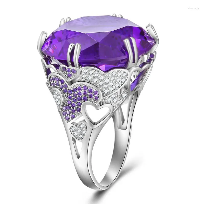 Fedi nuziali Anello rotondo in pietra con zirconi cubici per donna Uomo Viola bianco con micro cristalli Gioielli in argento per feste