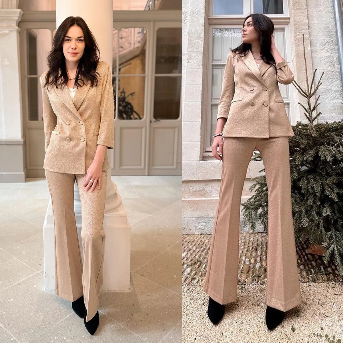 Sparkling Double Breasted Ladies Coat Pant Suit For Spring/Summer