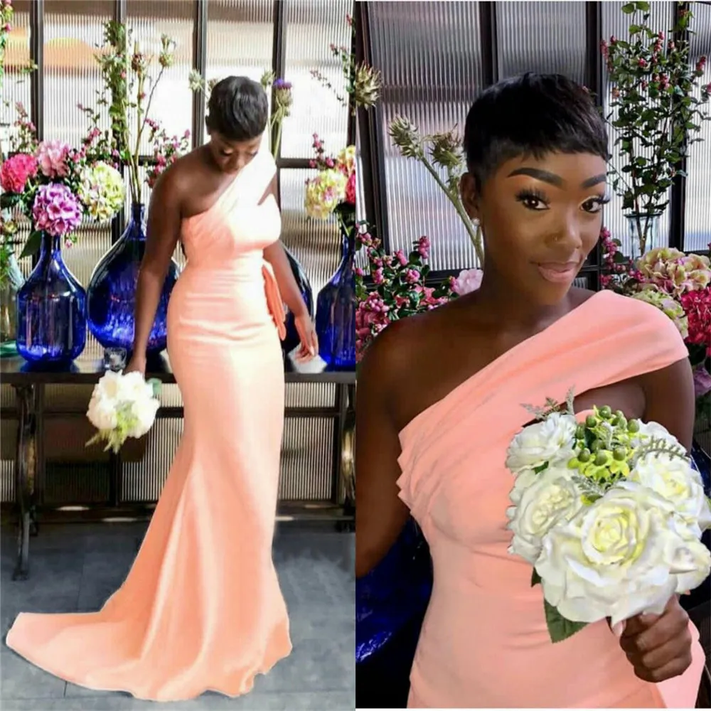 African One Shoulder Bridesmaid Dresses Long Elastic Satin Black Girls Bridesmaid Dress Wedding Party Gowns