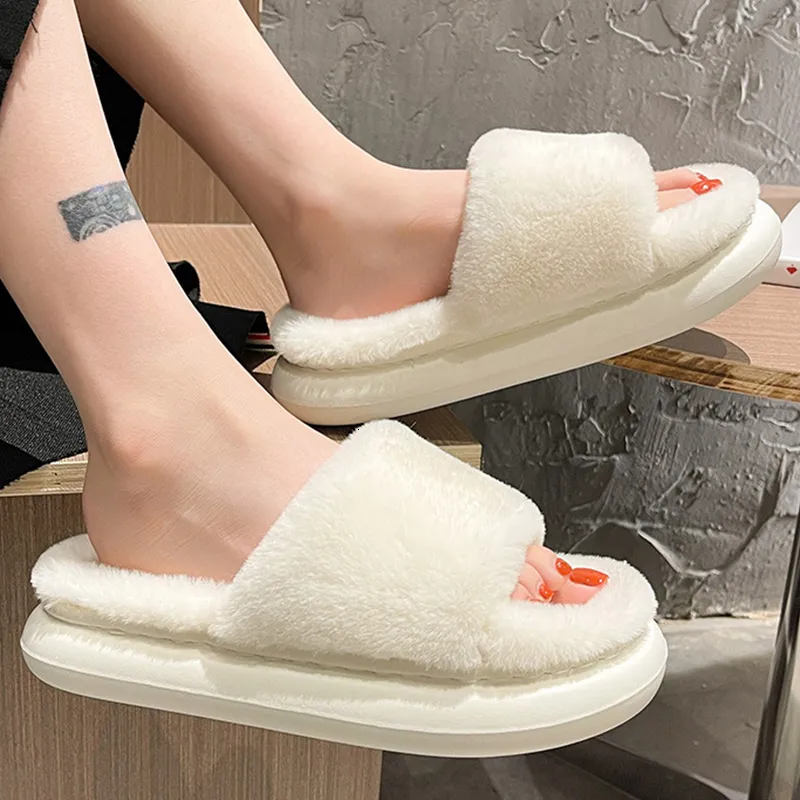 Slippers Thick Fluffy Fur Women Winter House Warm Furry Flip Flops Home Slides Flat Indoor Floor Shoes 230105