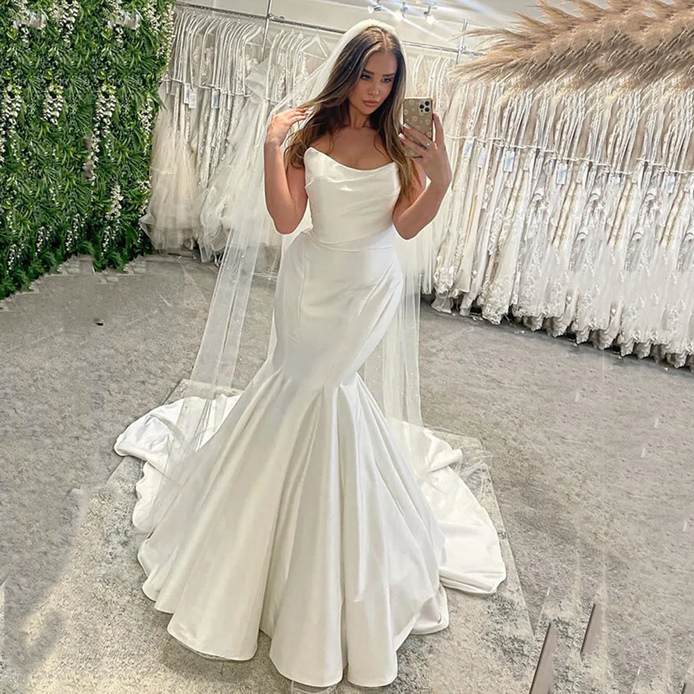 Robe de mariée sirène en Satin, Simple, sans bretelles, froncée, dos nu, boutons, avec traîne, chapelle, jardin, Mariages, 326 326