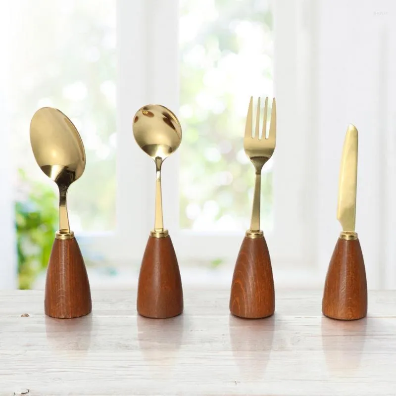 Geschirr-Sets, 4-teilig, Holzgriff, Edelstahl-Besteck-Set, Gold, wiederverwendbares Besteck, japanischer Stil, Abendessen, Messer, Gabel, Löffel, Geschirr