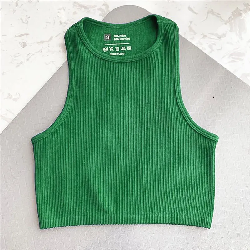 Women s Tanks Camis Rib Green Tank Top Femme Casual Sport s O Neck Solid Basic T shirts Seamless Vest Streetwear Sleeveless Sexy Crop 230104