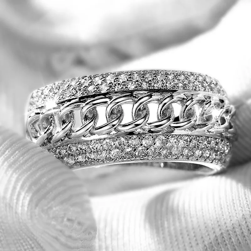 Vecalon Chain Ring Women Men Sieraden 120 stks gesimuleerde Diamond CZ 925 Sterling Silver Lover Engagement Wedding Band Ring