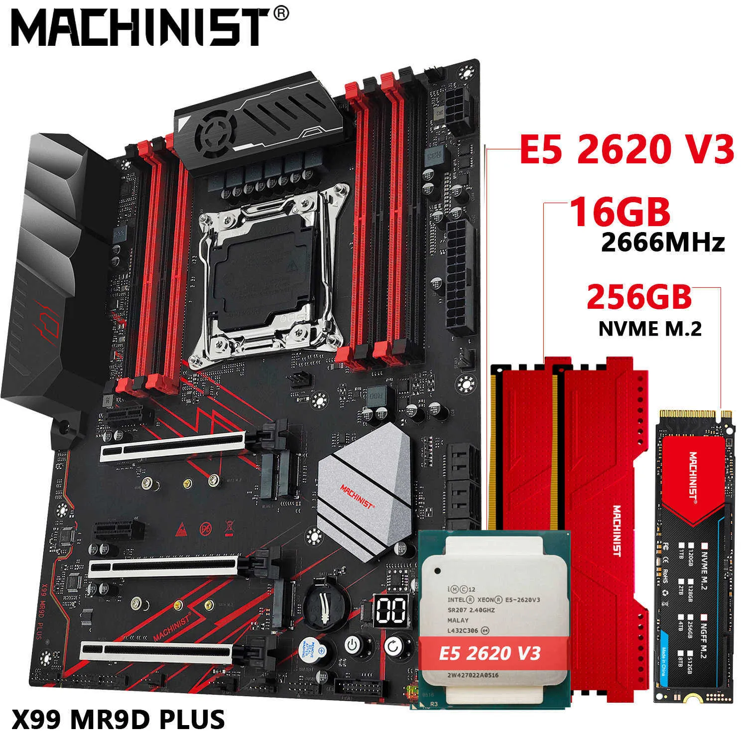 Machinist X99 MR9D Plus X99 Moderboard Combo Set Kit med Xeon E5 2620 V3 CPU och 16 GB DDR4 2666MHz RAM och 256 GB NVME M.2 ATX