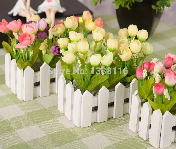 Decorative Flowers 1 Set 16cm Wooden Fence Vase Rose And Daisy Artificial Flower Silk Home Decoration Birthday Gift