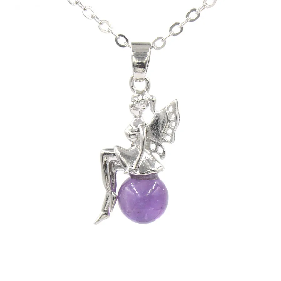 YOWOST NATURAL RAUND GEMSTONE PENDANT FAIRY ANGEL WINGS ELF AMETHYST LAPIS LAZULI OPAL ROSEクォーツペンダントチャームジュエリーアクセサリーBH029