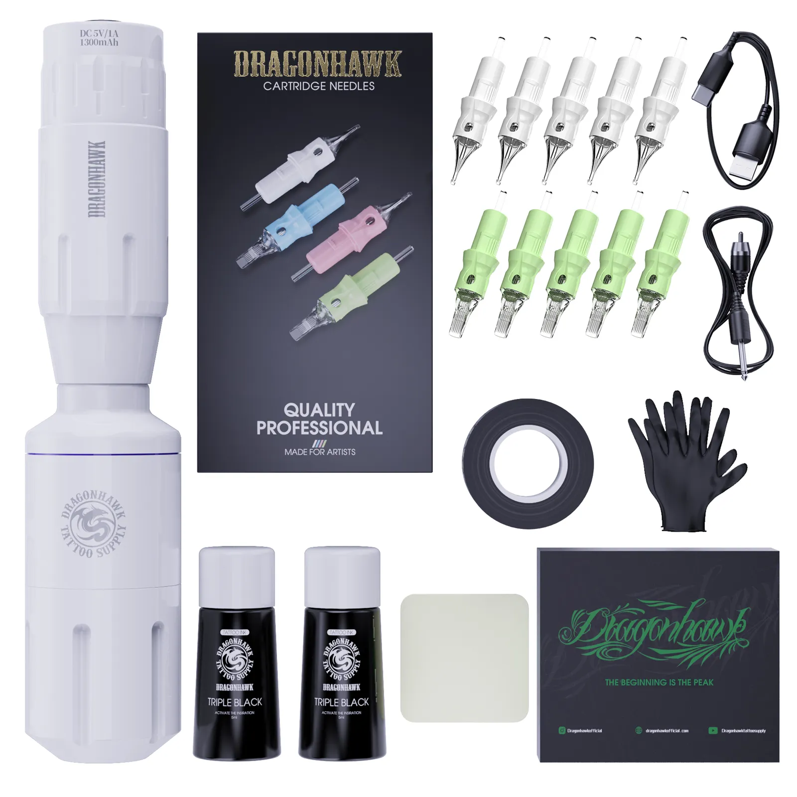 Dragonhawk Wireless Tattoo Kit Rotary Pen Machine Batterikassetter Nålar Black Ink Set TZ-560LY