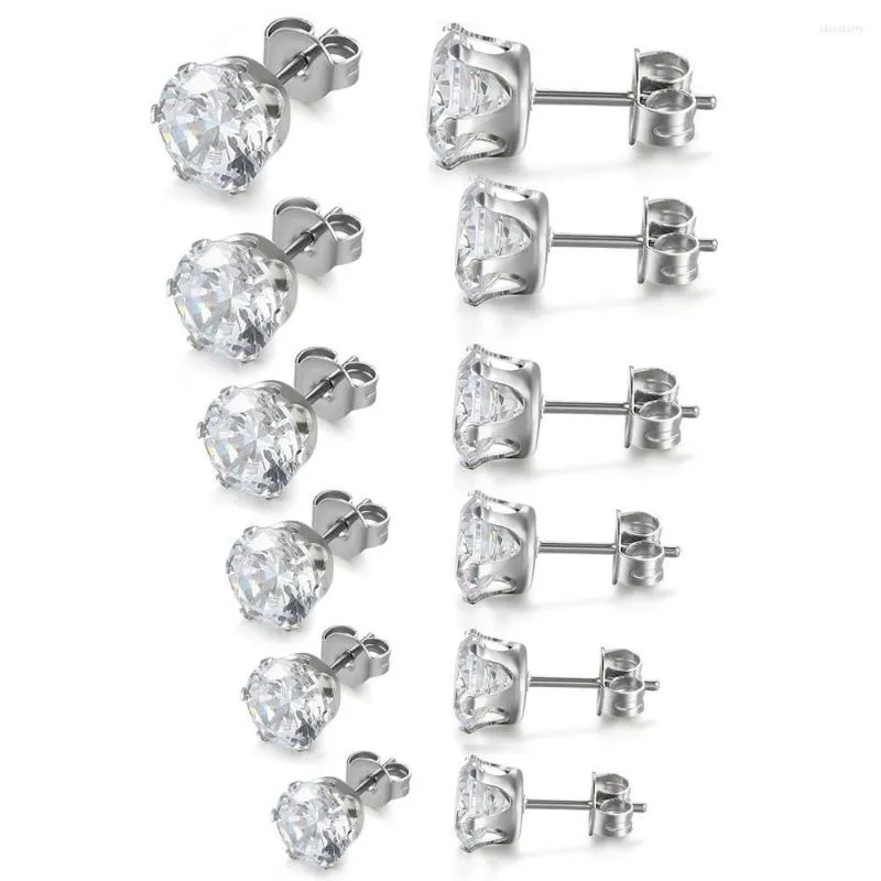 Stud-oorbellen Boniskiss 6 Paren Dames roestvrijstalen ronde Clear kubieke zirkonia ingelegde oorbel 3 mm-8 mm goud zilveren kleur