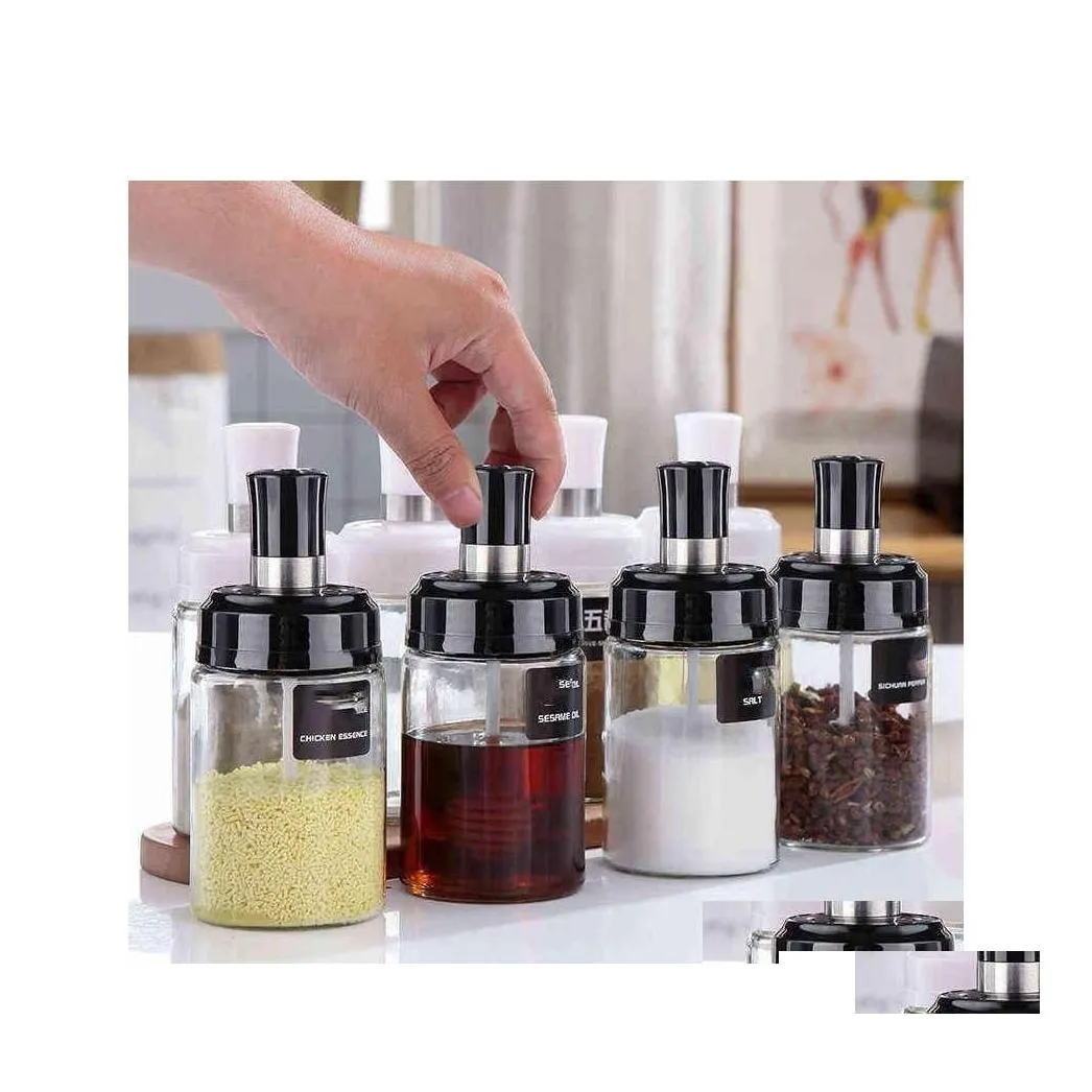 Storage Bottles Jars Glass Spice Jar Set Spoon Cap Sealed Seasoning Bottle Pp Sile Soda Kitchen Organize Household Spoons Integrat Dhhiv