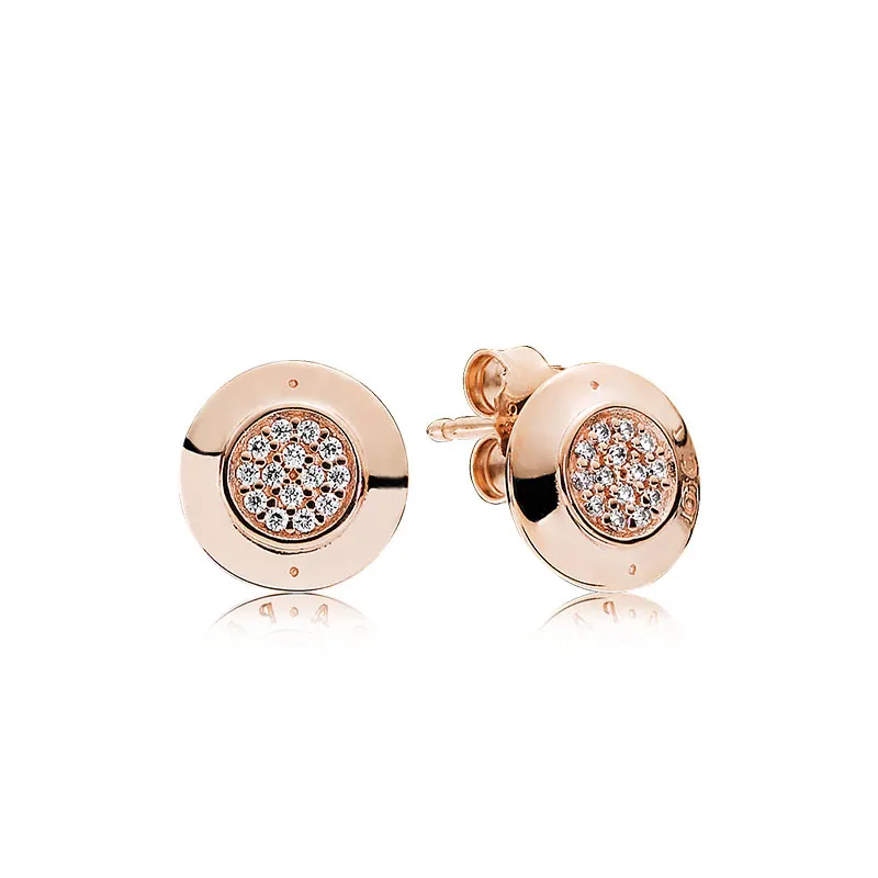 Kvinnliga män Rose Gold Disc Stud örhängen för Pandora Real Sterling Silver Hip Hop Party Jewelry Cz Diamond Girl Gift Earring Set med originallåda