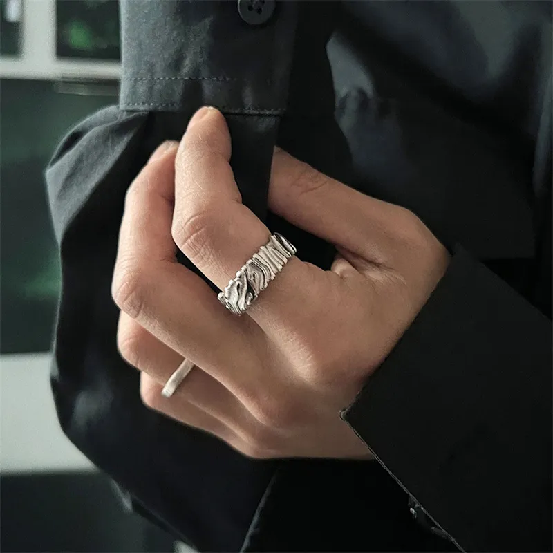 Ins Tin Foil Fold Ring Minimalist Cool Texture Titanium Steel Colorfast Hip Hop Wide Version Men's/Women's Fashion Jewelry