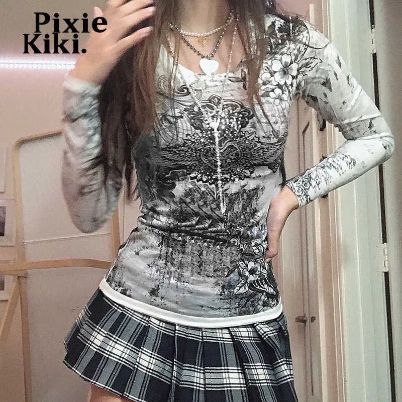 Women's T-Shirt PixieKiki Fairy Wings Graffiti Graphic T Shirts 2000s Aesthetic Vintage Clothes Long Sleeve Tees Cyber Y2k Tops P84-BF15 T230104