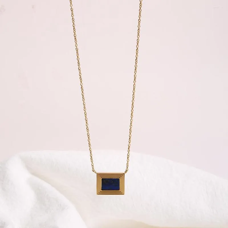 Pendentif Colliers Vintage PVD Plaqué Or 316L En Acier Inoxydable Rectangle Bleu Lapis Collier Carré Pour Femmes Filles Mode Bijoux Cadeau