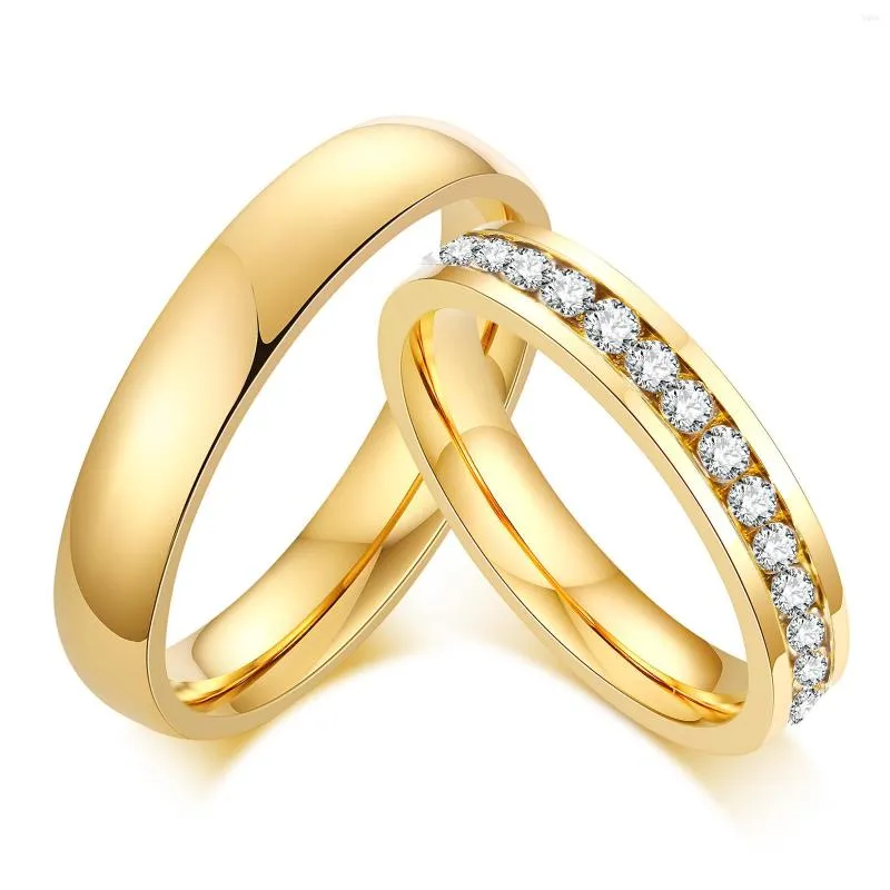 Bröllopsringar band för par 4 mm rostfritt stål vanligt klassiskt engagemang kvinnor män bling stenar rad lovar ring