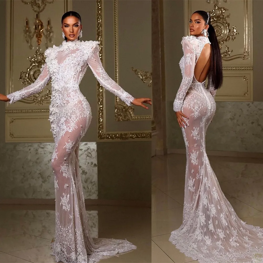 Luxe zeemeermin trouwjurken hoge kraag lange mouwen appliques kanten bruidsjurken op maat gemaakte sexy backless sweep trein vestidos de novia