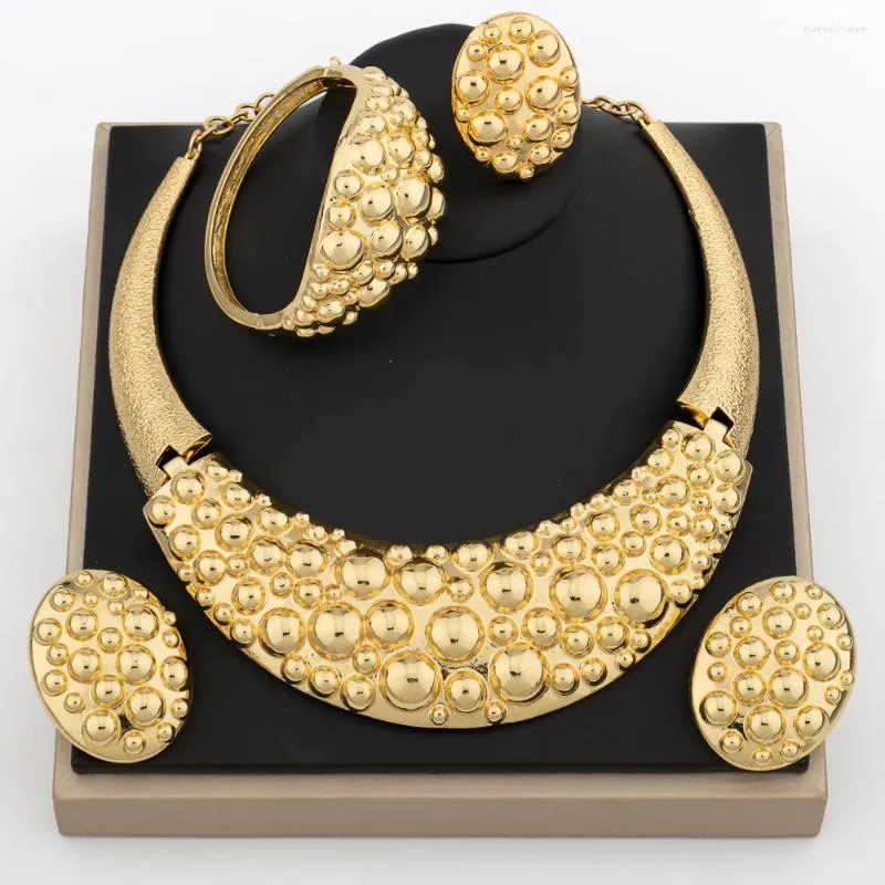 Ensemble de boucles d'oreilles et collier pour femmes, couleur or, Bracelet en cuivre, bagues, accessoire de mariée africaine de dubaï, rond