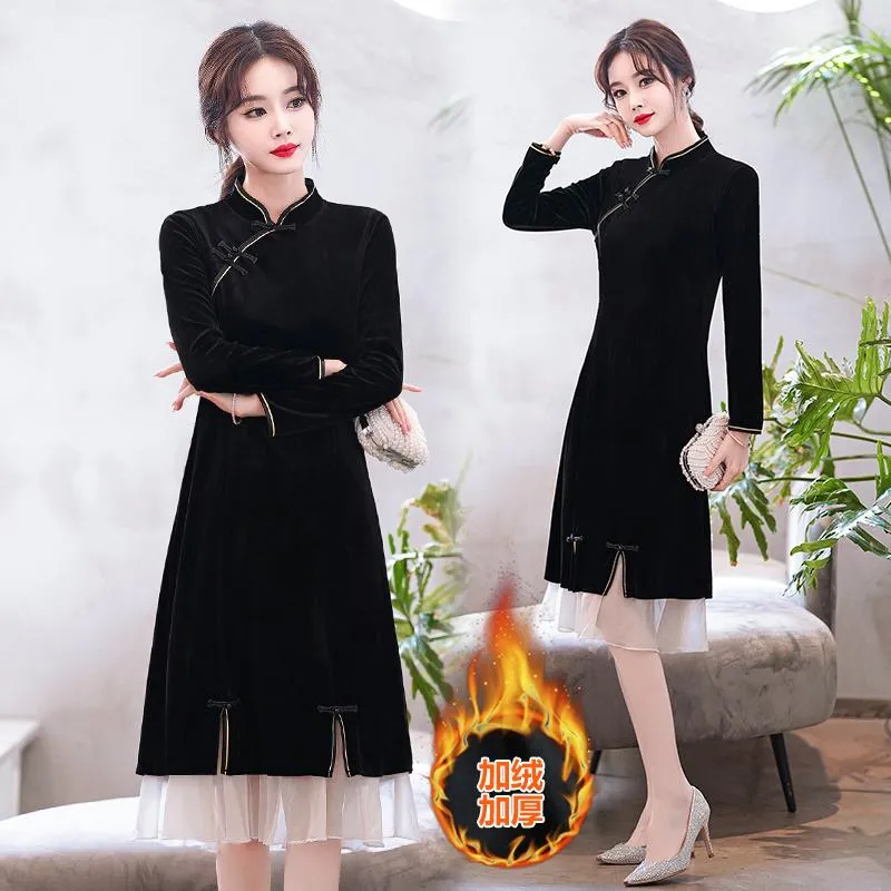 Vêtements ethniques Noir Qipao Slim Style Vintage Femmes Plus taille Chine Robe moderne Améliorer la femme Cheongsam Automne Velvet 4xl