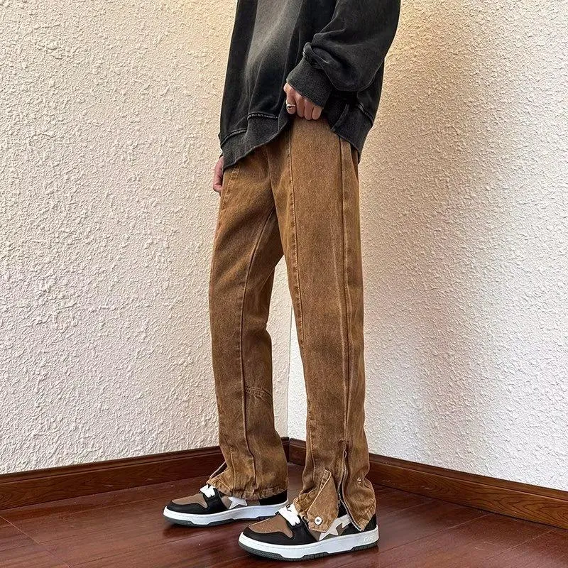 Men's Jeans 2023 Korean Fashion Ankle Zipper Vintage Brown Men Pants Luxury Straight Hip Hop Casual Denim Trousers Pantalones Hombre