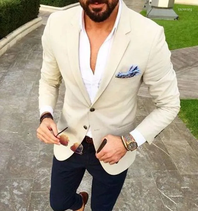 Custom Made Slim Fit Beige Suit Men With Beige Blazer And Navy