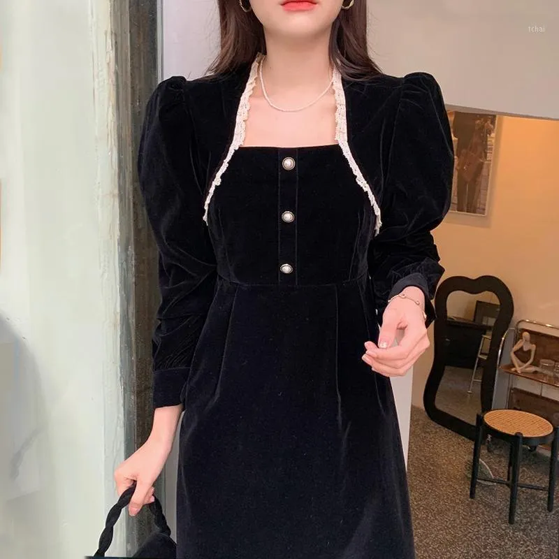 Casual Dresses Women 2023 Korean Fashion Elegant Retro Square Collar Three Button Lace Crochet Stitching Design Waist Long Velvet Dress