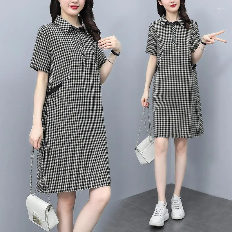 Robes de soirée 2023 Summer Plaid T-Shirt Dress Pour Femmes Dames Fille Slim Casual Plus La Taille Lâche Blouses Blusas A-Line 100KG Femme Mignon