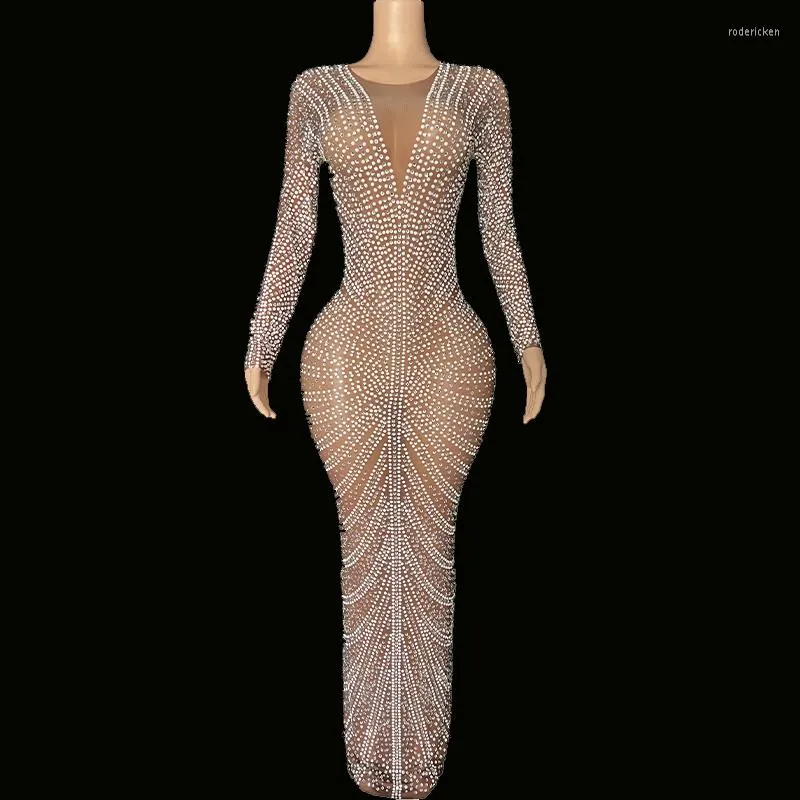 Bühnenkleidung Sexy Luxus Kristall Strass Mesh Perspektive Langes Kleid Abend Prom Party Geburtstag Hochzeit Feiern Gastgeber